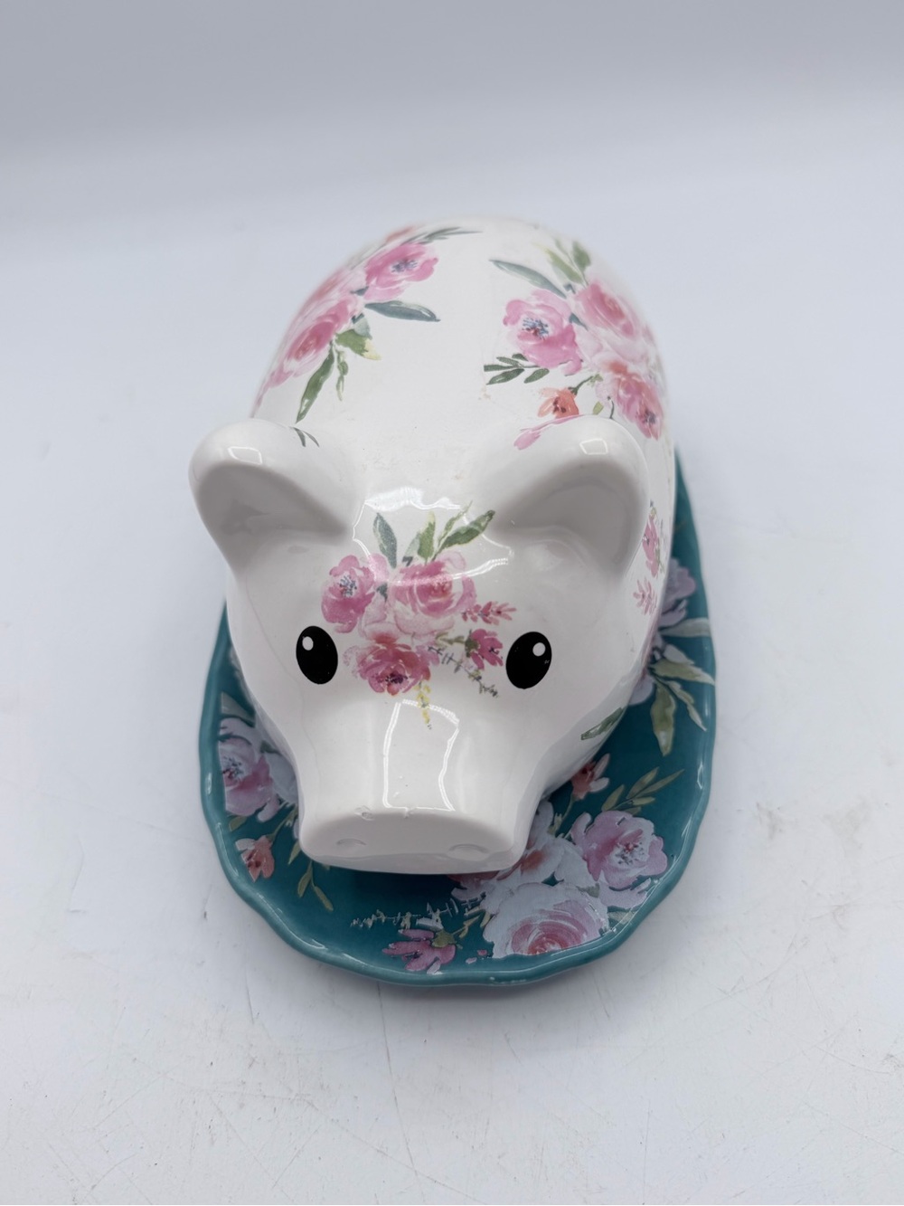 Source Unknown Floral Ceramic Pig Trinket Dish in White and Pink with Teal Base
